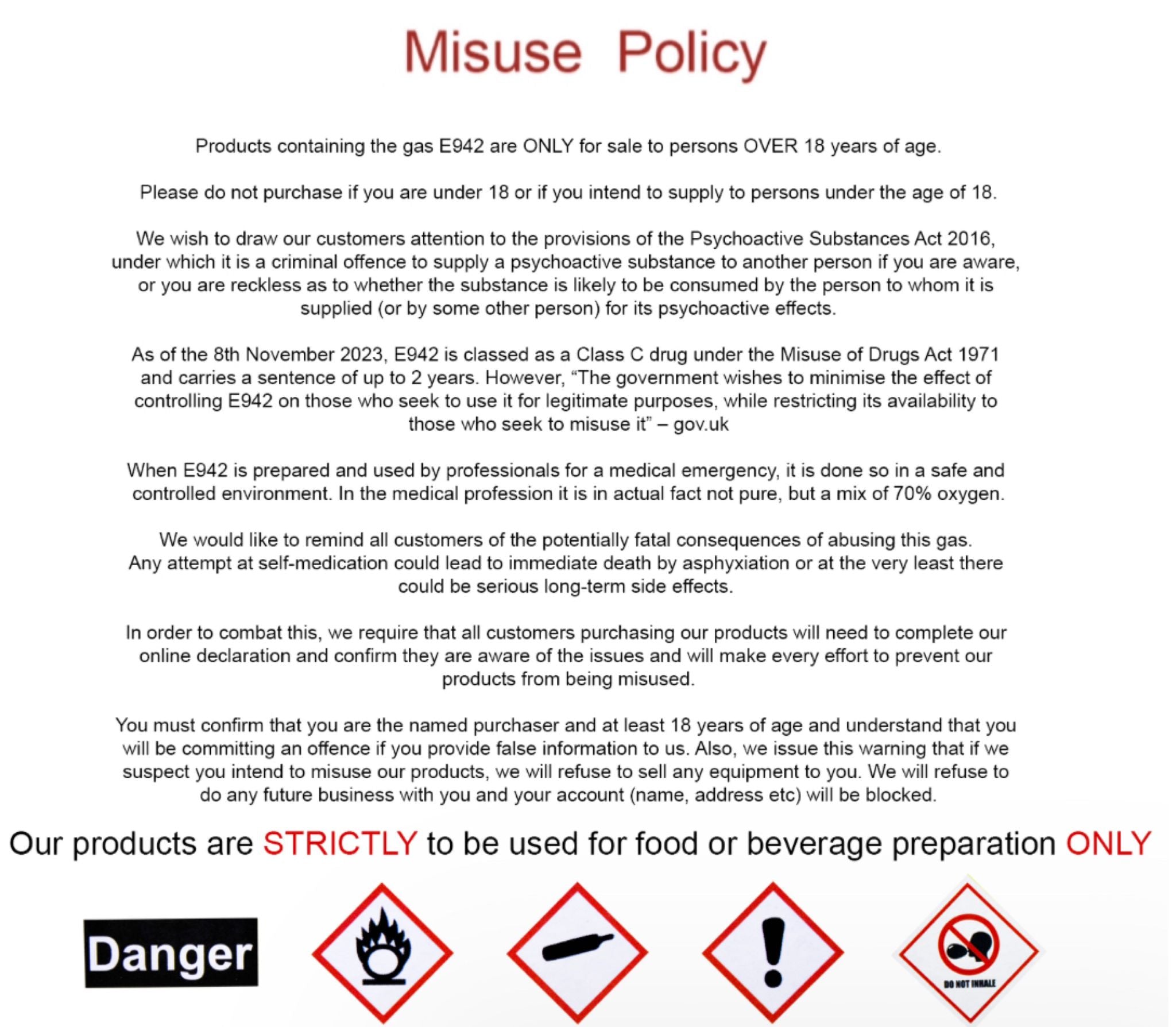 Cream chargers nitrous oxide e942 gas balloons whippets inhaling misuse guidelines warning terms misuse policy agreement online declaration 